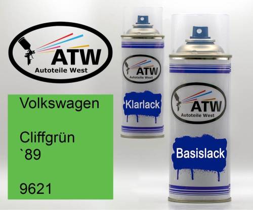 Volkswagen, Cliffgrün `89, 9621: 400ml Sprühdose + 400ml Klarlack - Set, von ATW Autoteile West.